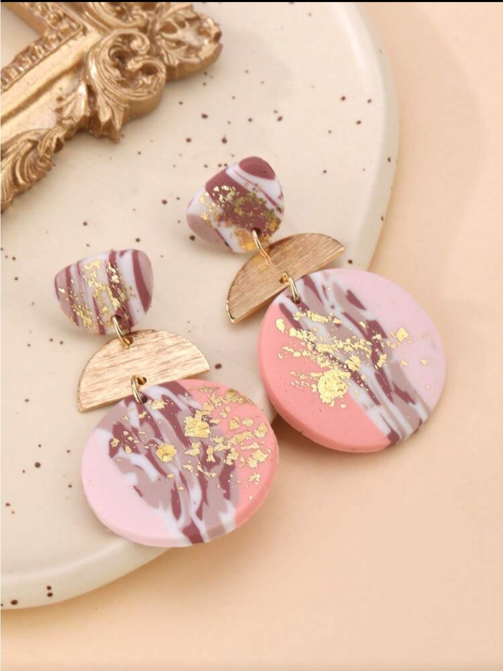 Handmade Pink Marble Drop Earrings with Gold Accents